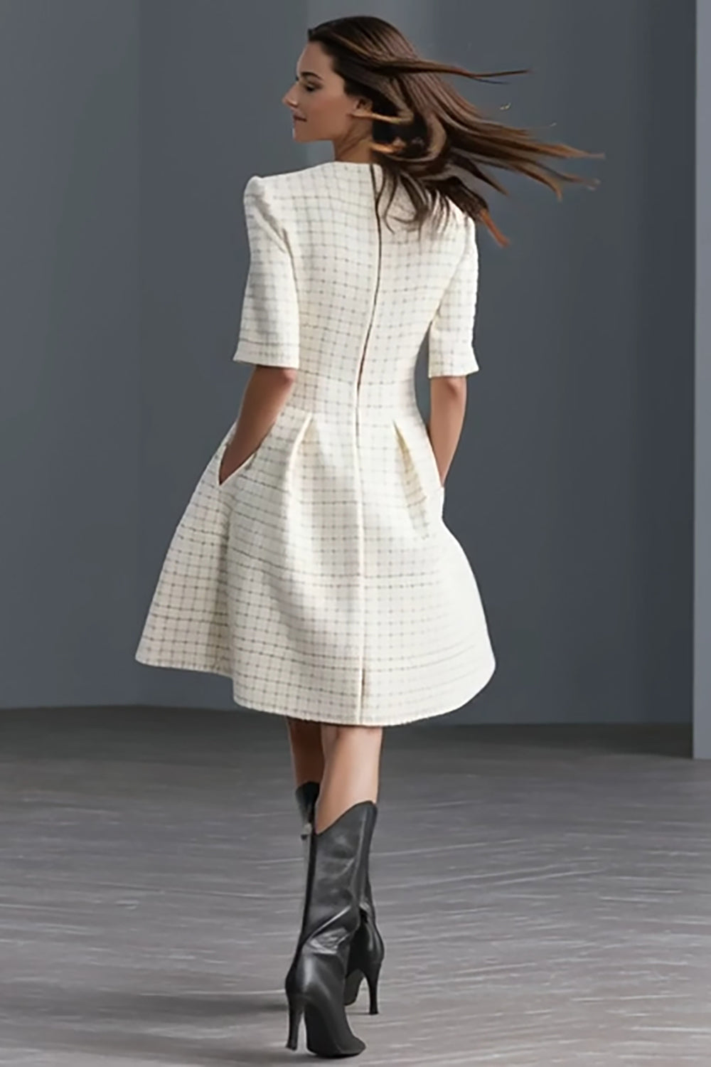 Zapakasa Women Ivory Tweed Short Work Dress with Pockets Round Neck A Line Single Breasted Interview Outfits with Sleeves Zapakasa Women Ivory Tweed Short Work Dress with Pockets Round Neck A Line Single Breasted Interview Outfits with Sleeves