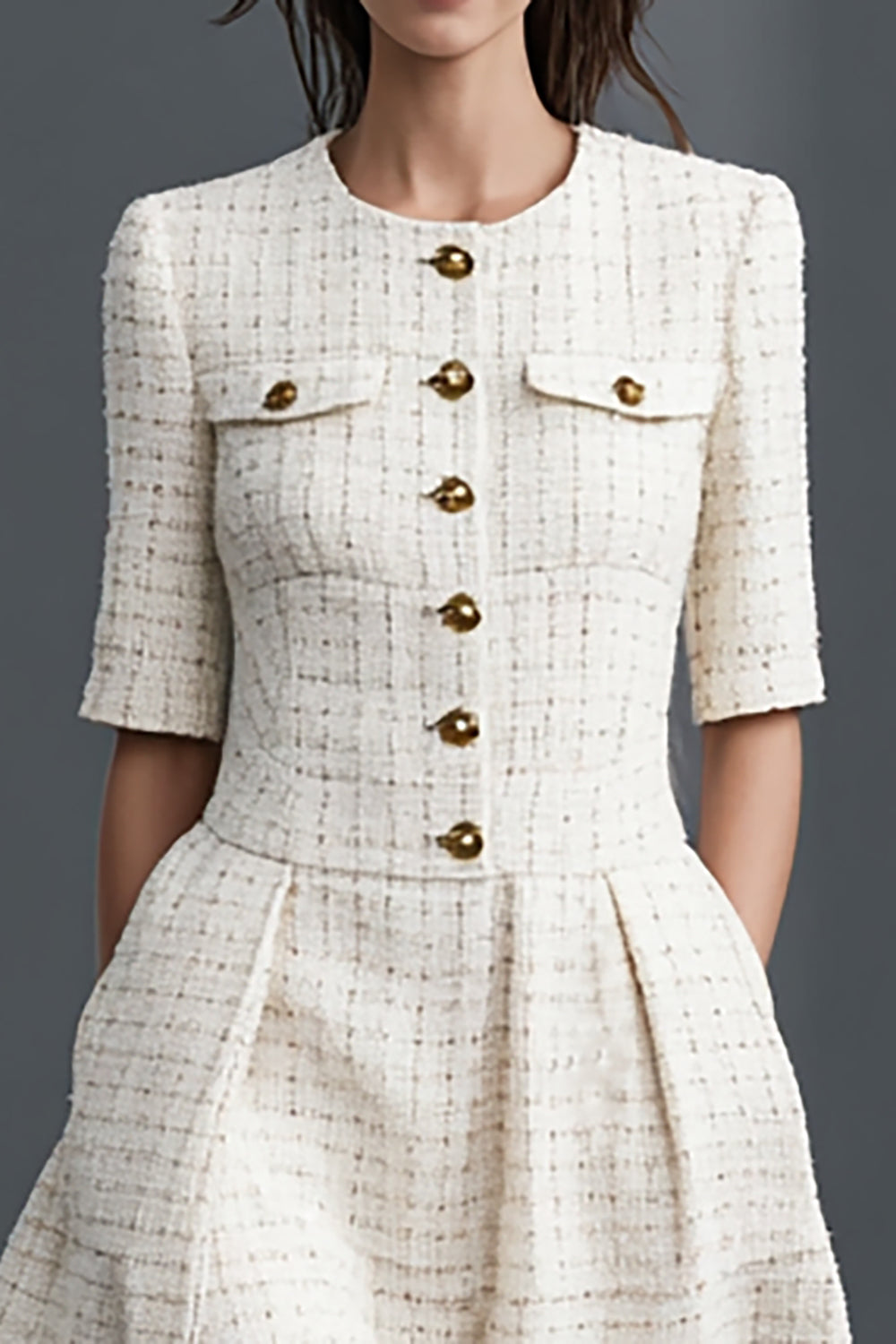 Ivory Round Neck Tweed A Line Short Work Dress with Pockets