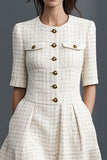 Ivory Round Neck Tweed A Line Short Work Dress with Pockets