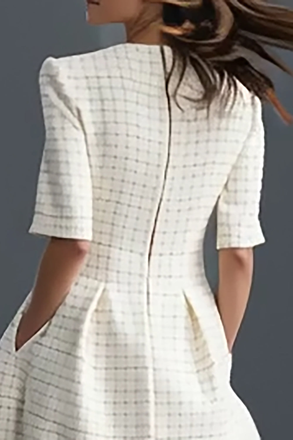 Ivory Round Neck Tweed A Line Short Work Dress with Pockets