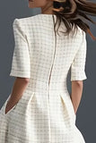 Ivory Round Neck Tweed A Line Short Work Dress with Pockets