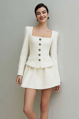 Ivory 2 Piece Square Neck Tweed Short Homecoming Outfits