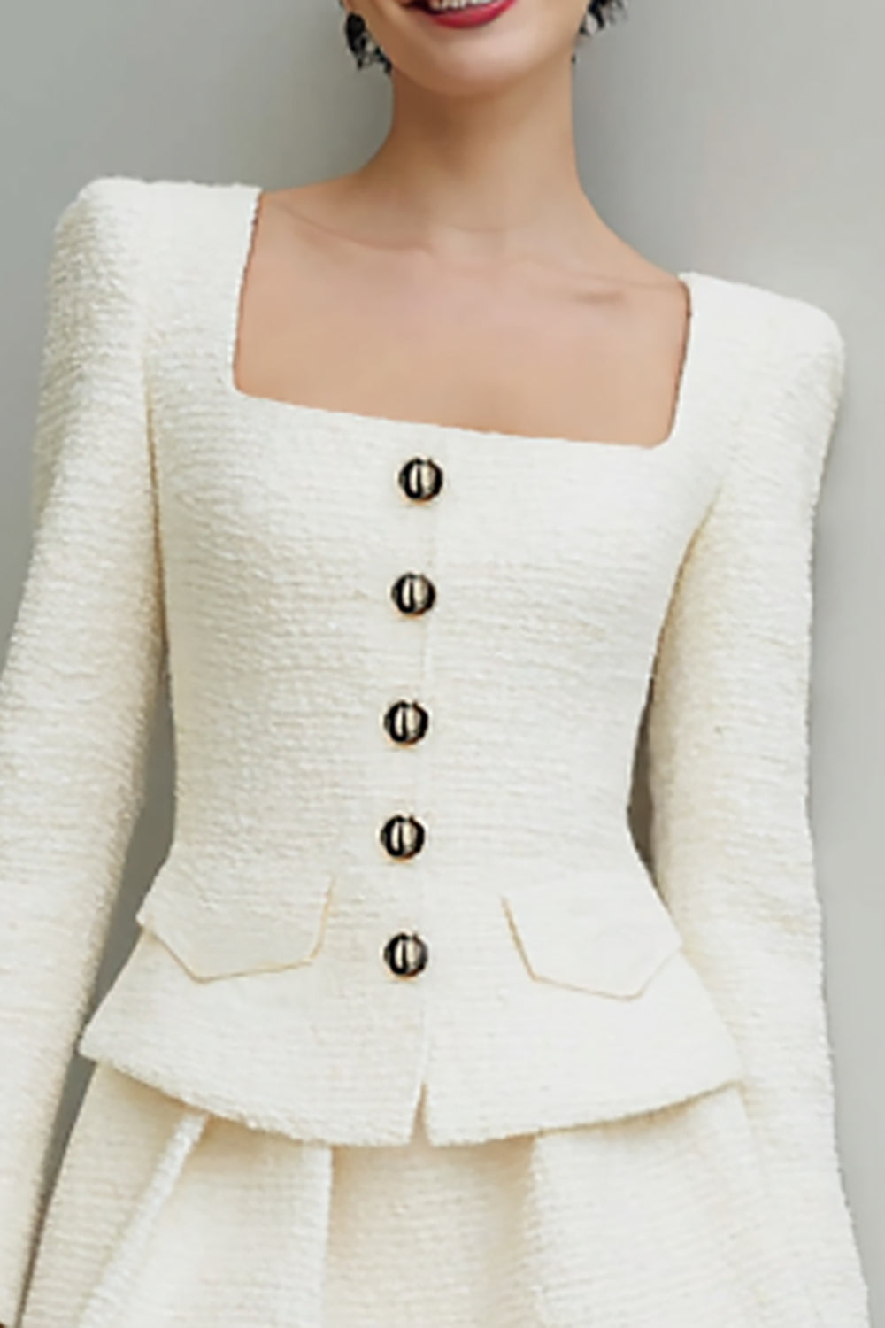 Ivory 2 Piece Square Neck Tweed Short Homecoming Outfits
