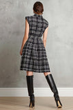 Black Single Breasted Tweed Plaid A Line Midi Interview Dress