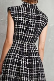 Black Single Breasted Tweed Plaid A Line Midi Interview Dress