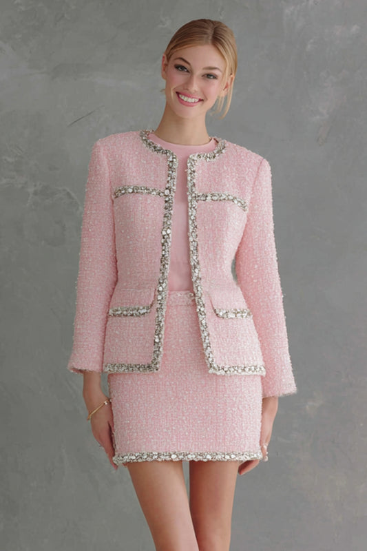 Sparkly Pink 2 Piece Tweed Pencil Short Homecoming Outfits