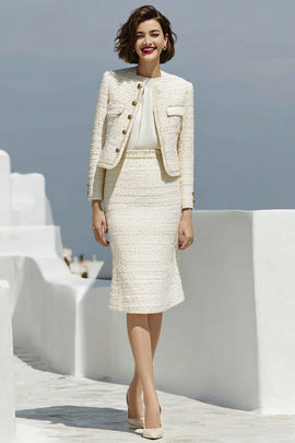 Ivory 2 Piece Single Breasted Pencil Midi Pageant Interview Outfits