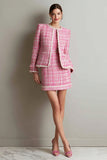 Pink Pencil Tweed Round Neck 2 Piece Short Homecoming Outfits