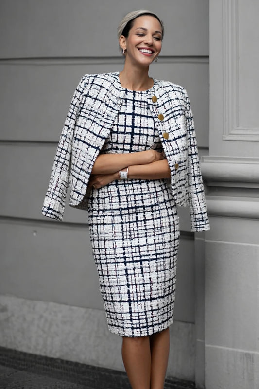 Mix Black Grid Tweed 2 Piece Pencil Midi Pageant Interview Outfits