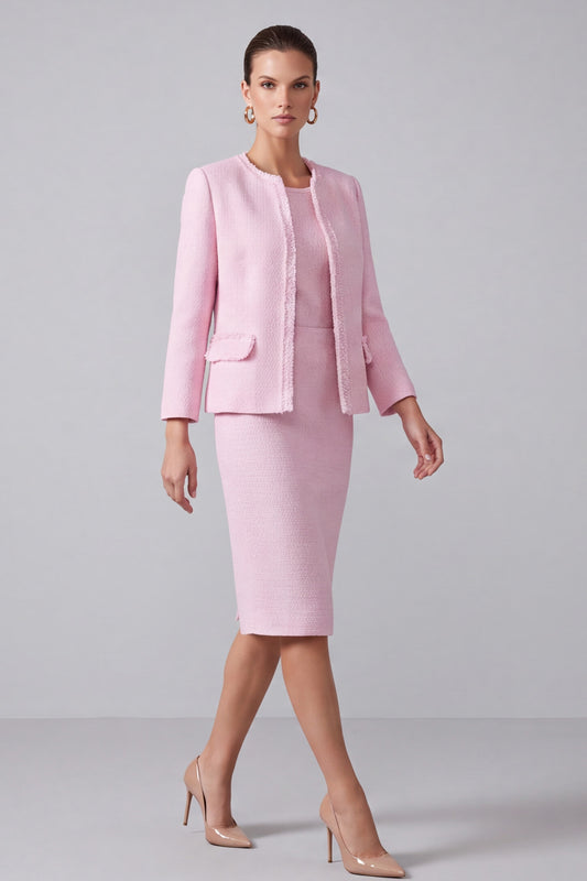 Pink Round Neck 2 Piece Tweed Pencil Midi Pageant Interview Outfits