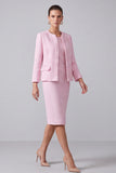 Zapakasa Women Pink Tweed Pencil Midi Pageant Interview Outfits Round Neck 2 Piece Business Suits with Sleeves