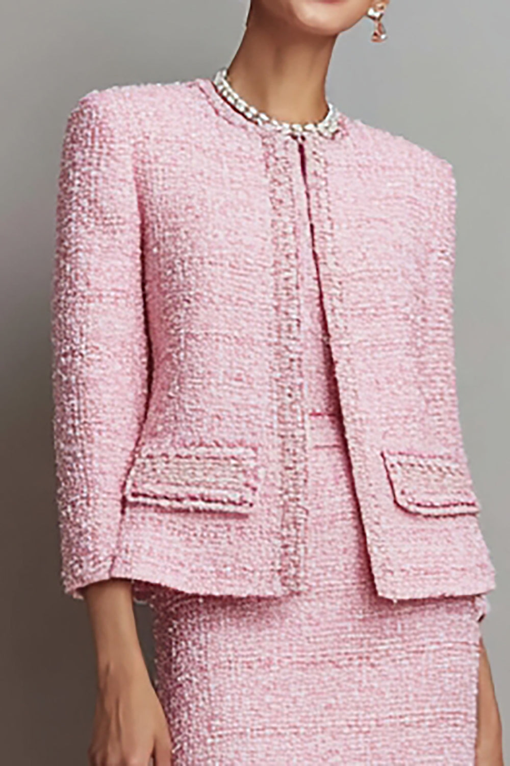Pink Round Neck 2 Piece Tweed Pencil Midi Pageant Interview Outfits