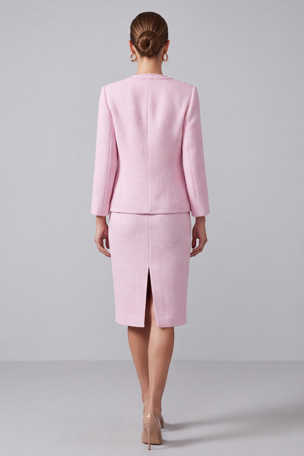 Pink Round Neck 2 Piece Tweed Pencil Midi Pageant Interview Outfits
