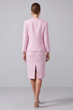 Pink Round Neck 2 Piece Tweed Pencil Midi Pageant Interview Outfits