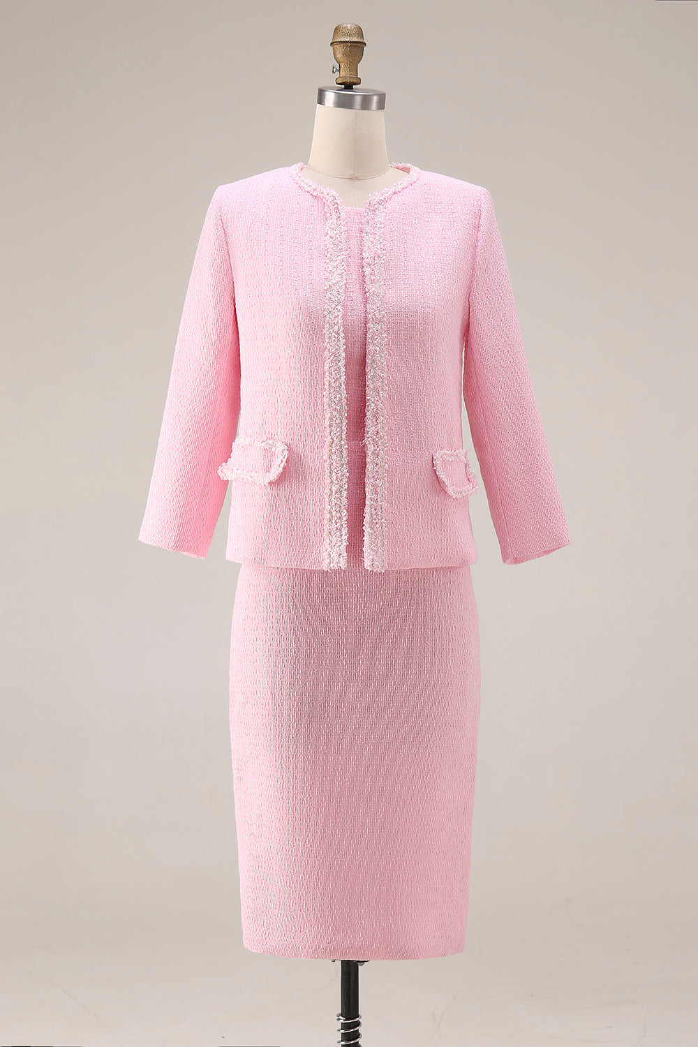 Pink Round Neck 2 Piece Tweed Pencil Midi Pageant Interview Outfits