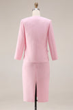 Pink Round Neck 2 Piece Tweed Pencil Midi Pageant Interview Outfits