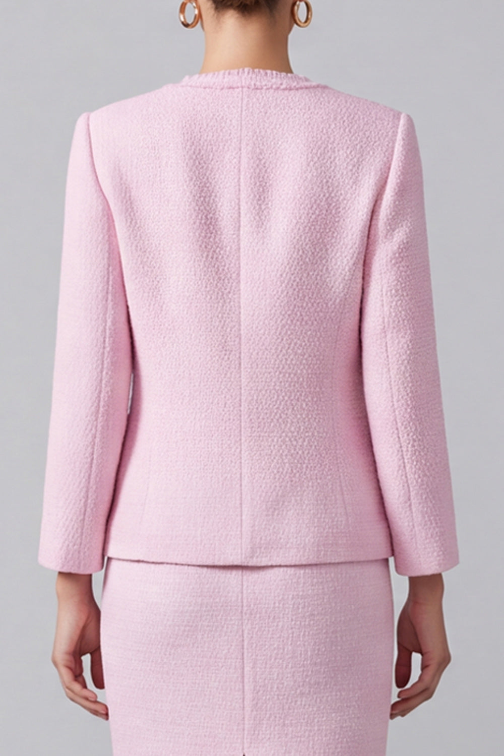 Pink Round Neck 2 Piece Tweed Pencil Midi Pageant Interview Outfits