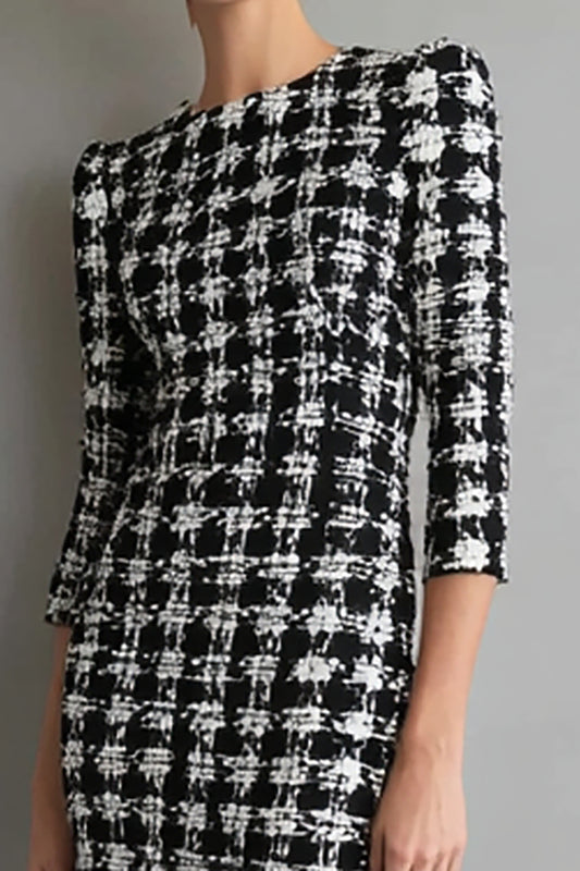 Mix Black Grid Tweed Mermaid Bateau Neck Midi Work Dress
