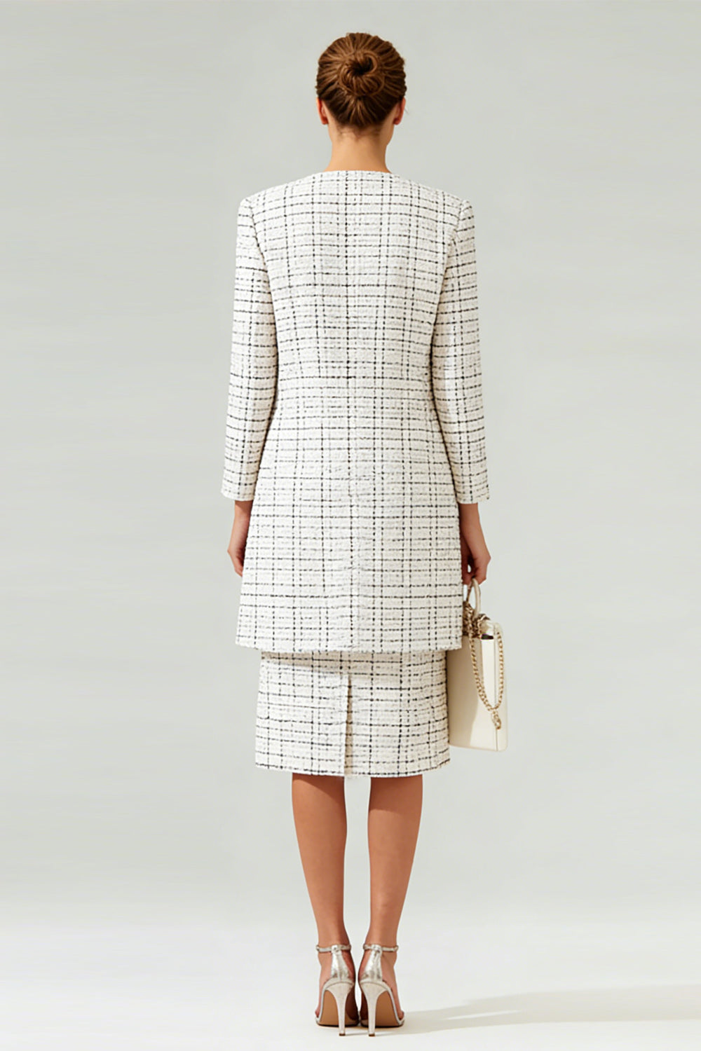 Mix Black Grid 2 Piece Round Neck Tweed Midi Pageant Interview Outfits