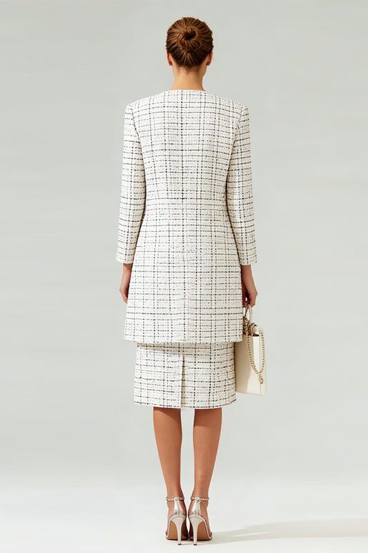 Mix Black Grid 2 Piece Round Neck Tweed Midi Pageant Interview Outfits