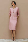 Pink Tweed 2 Piece Pencil Midi Pageant Interview Outfits with Pockets