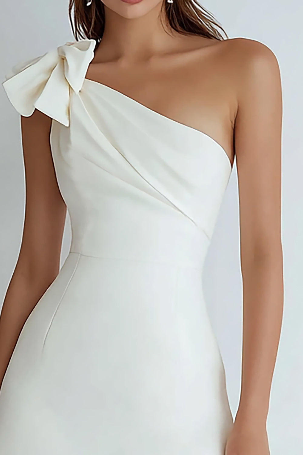Ivory Satin One Shoulder Short A Line Graduation Dress with Bow