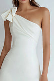 Ivory Satin One Shoulder Short A Line Graduation Dress with Bow