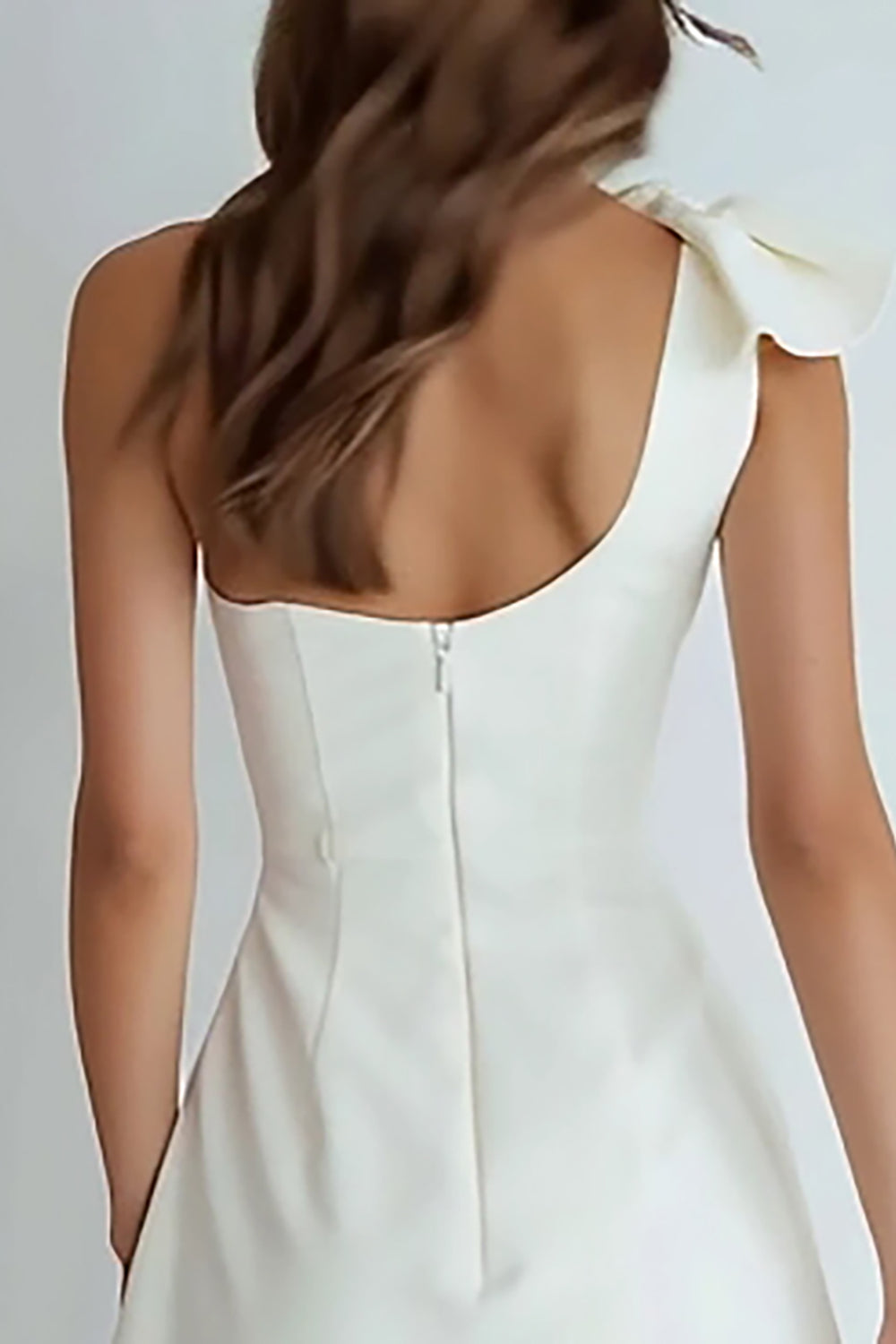 Ivory Satin One Shoulder Short A Line Graduation Dress with Bow