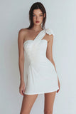 Ivory One Shoulder Satin Ruched Short Tight Graduation Dress with Bow