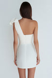Ivory One Shoulder Satin Ruched Short Tight Graduation Dress with Bow
