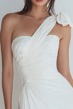 Ivory One Shoulder Satin Ruched Short Tight Graduation Dress with Bow