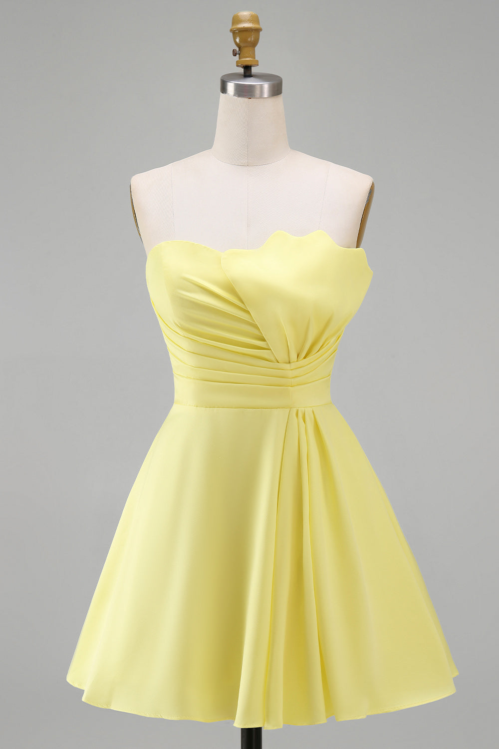 Ivory Satin Strapless Ruched A-Line Short Graduation White Dress