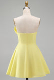 Ivory Satin Strapless Ruched A-Line Short Graduation White Dress