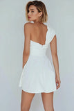 Ivory One Shoulder Satin Ruched Short A-Line Graduation Dress