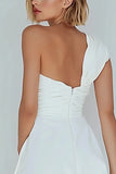 Ivory One Shoulder Satin Ruched Short A-Line Graduation Dress