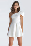 Simple Ivory Satin One Shoulder Short A-Line Graduation Dress