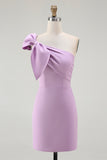 Lilac Satin One Shoulder Short Tight Graduation Dress with Bow