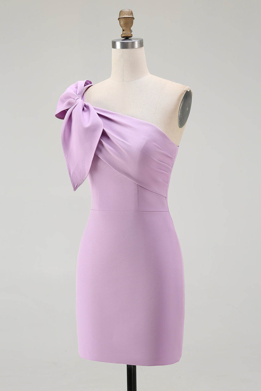 Lilac Satin One Shoulder Short Tight Graduation Dress with Bow