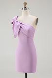 Lilac Satin One Shoulder Short Tight Graduation Dress with Bow