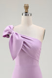 Lilac Satin One Shoulder Short Tight Graduation Dress with Bow