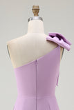 Lilac Satin One Shoulder Short Tight Graduation Dress with Bow