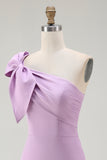 Lilac Satin One Shoulder Short Tight Graduation Dress with Bow