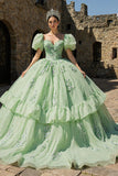 Light Green Puff Sleeves Tulle Appliqued Princess Quinceanera Dress with Ruffles
