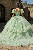 Light Green Puff Sleeves Tulle Appliqued Princess Quinceanera Dress with Ruffles