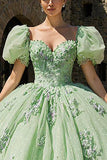 Light Green Puff Sleeves Tulle Appliqued Princess Quinceanera Dress with Ruffles
