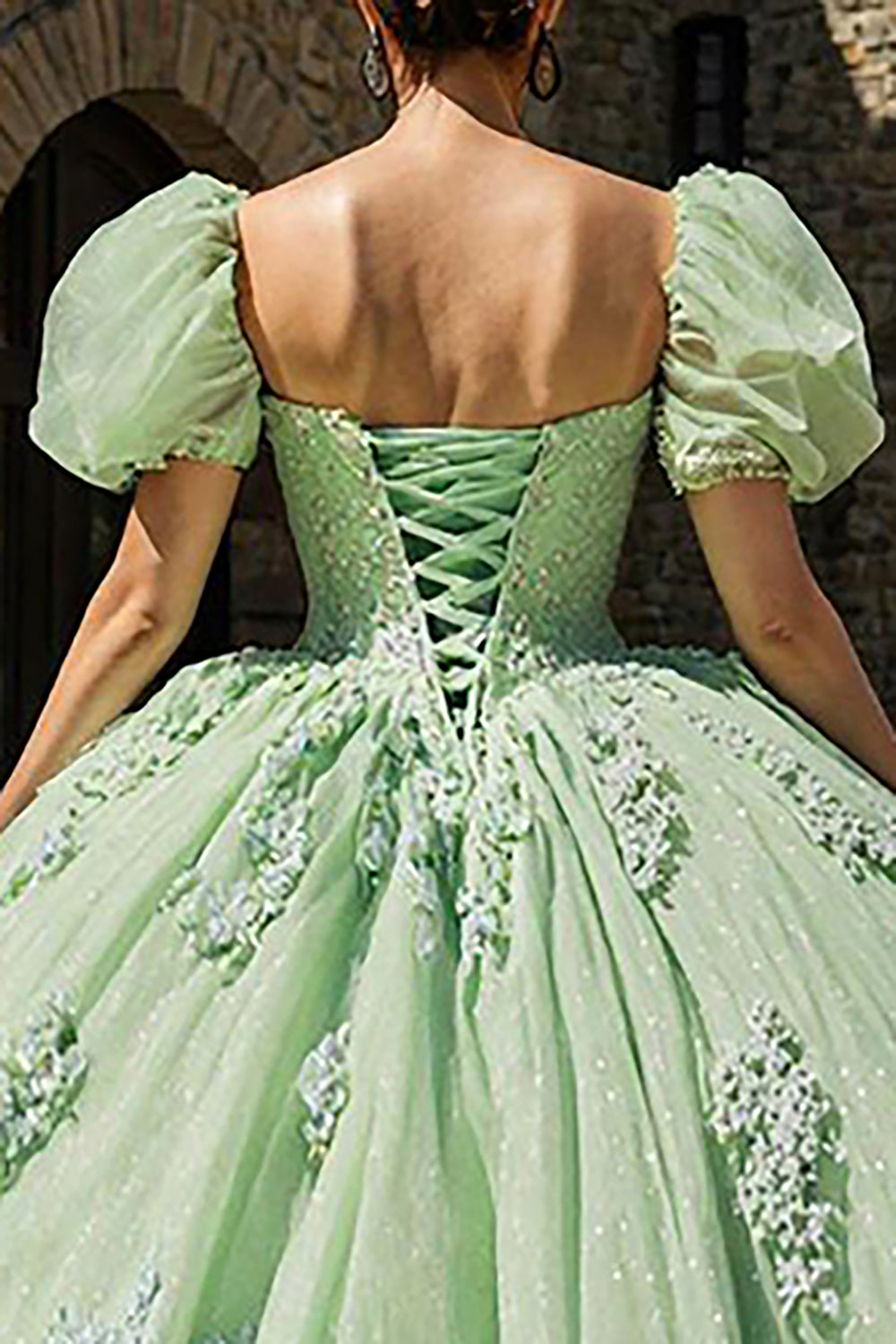 Light Green Puff Sleeves Tulle Appliqued Princess Quinceanera Dress with Ruffles