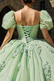 Light Green Puff Sleeves Tulle Appliqued Princess Quinceanera Dress with Ruffles