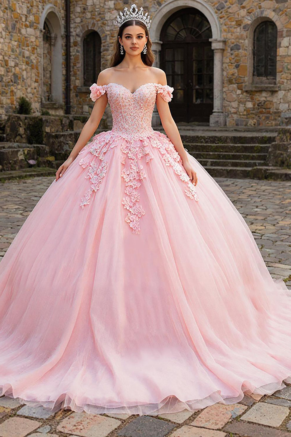 Pink Off the Shoulder Tulle Appliqued Princess Quinceanera Dress with Bow