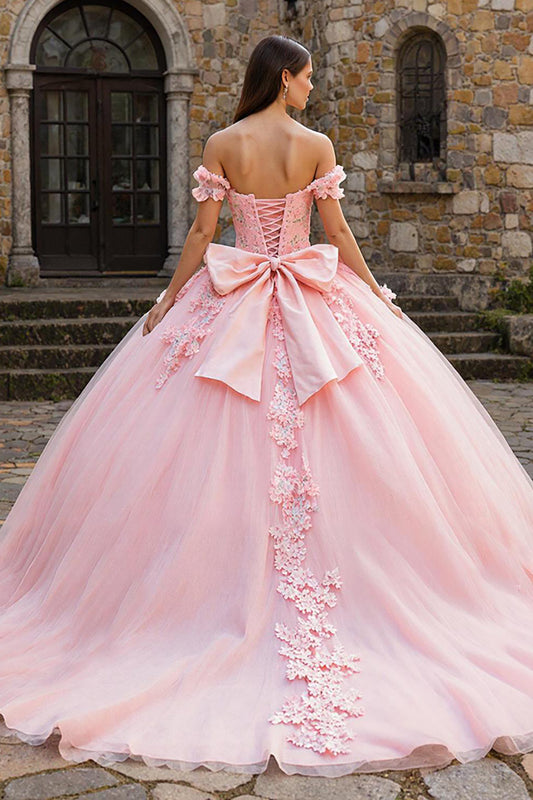 Pink Off the Shoulder Tulle Appliqued Princess Quinceanera Dress with Bow