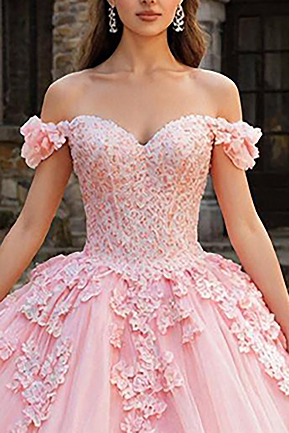 Pink Off the Shoulder Tulle Appliqued Princess Quinceanera Dress with Bow